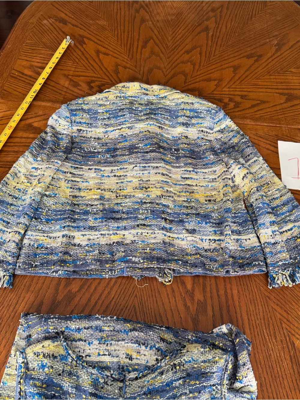 ST.JOHN Women's Tweed Blue Yellow White Gray Fringed Jacket Sz 12 - Picture 8 of 8